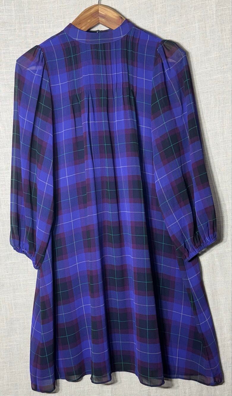 NWT Ann Taylor Ultraviolet Plaid Chiffon Mock Neck Dress Size Medium